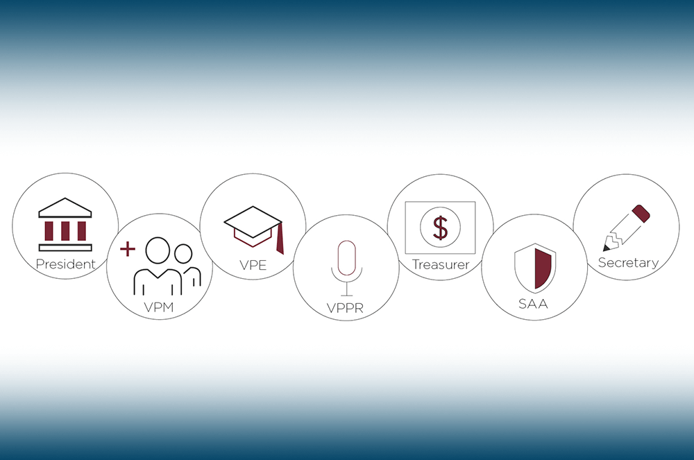 Seven Toastmasters icons with black and maroon drawings representing president, vmp, vpe, vppr, treasurer, saa, secretary