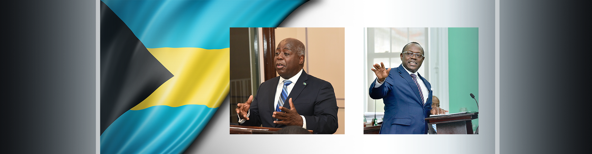 Two men speaking at podiums with Bahamas flag