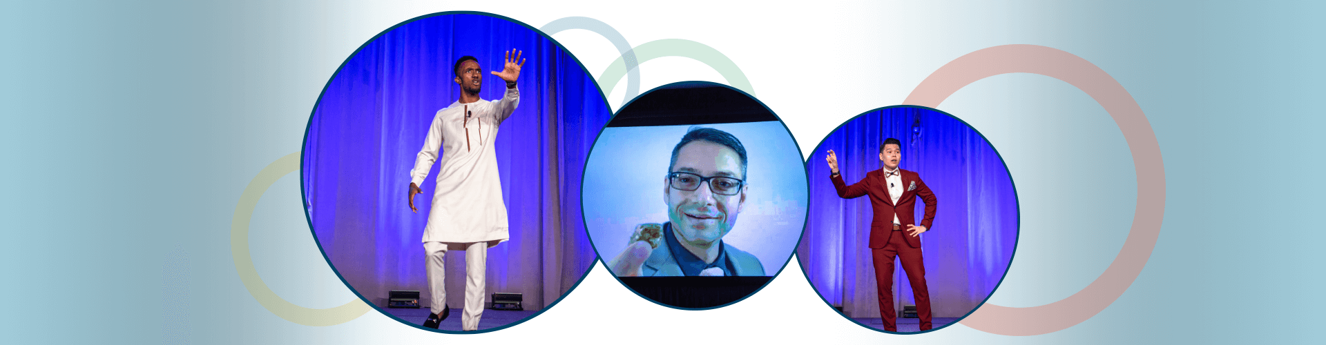 Three circles with different men giving speeches and using hand gestures at world championship of public speaking