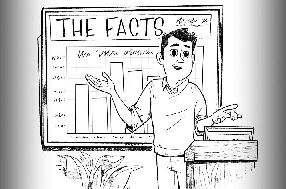 Illustration of man at lectern presenting with slides