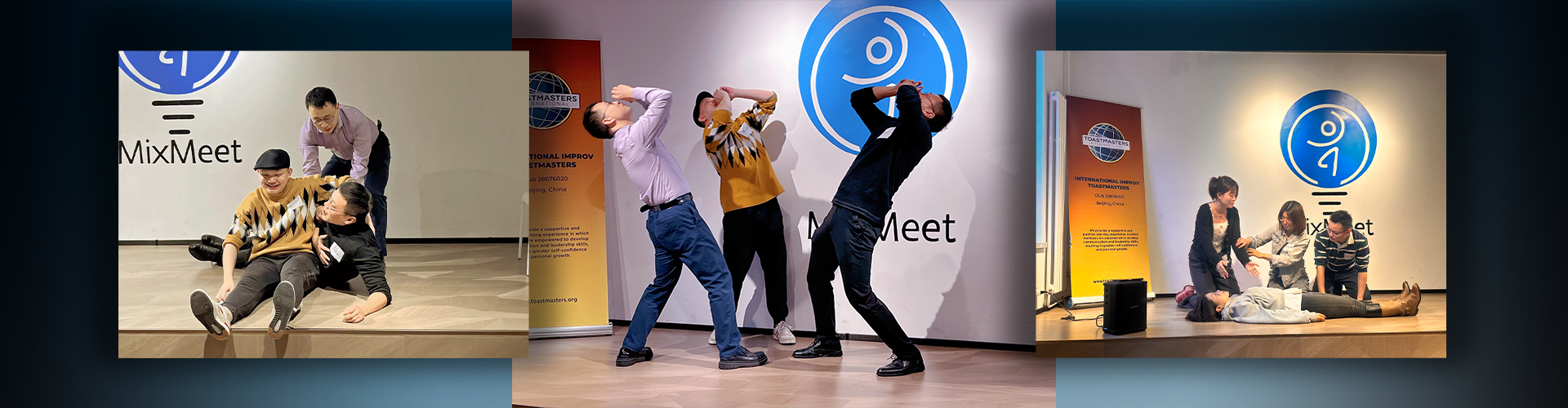 Men and women performing improv techniques onstage during club meeting