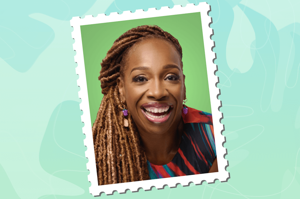 Woman smiling with stamp border and green backgroun