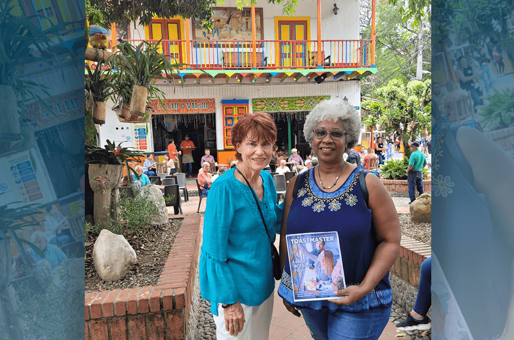 Fabiola Cleofa, DTM (right), of Curaçao with Angela Cook of Toastmasters Medellín in Colombia.