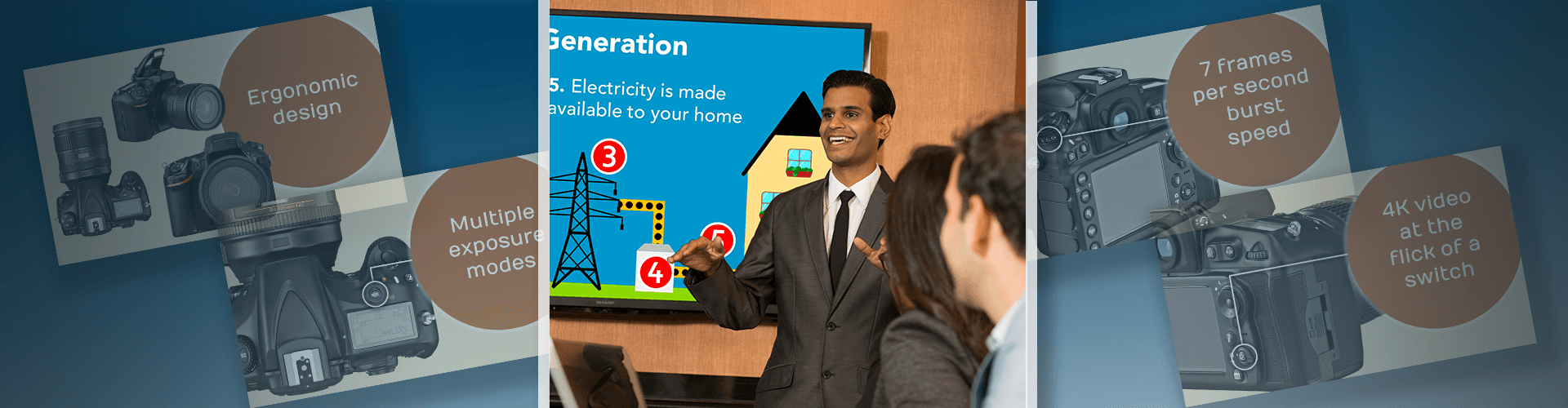 Man in suit and tie giving presentation with PowerPoint slide in background