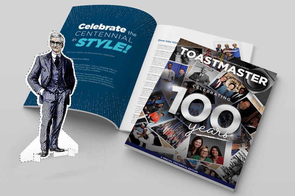 Toastmaster magazine cover celebrating 100 years showing celebration article and a flat Smedley