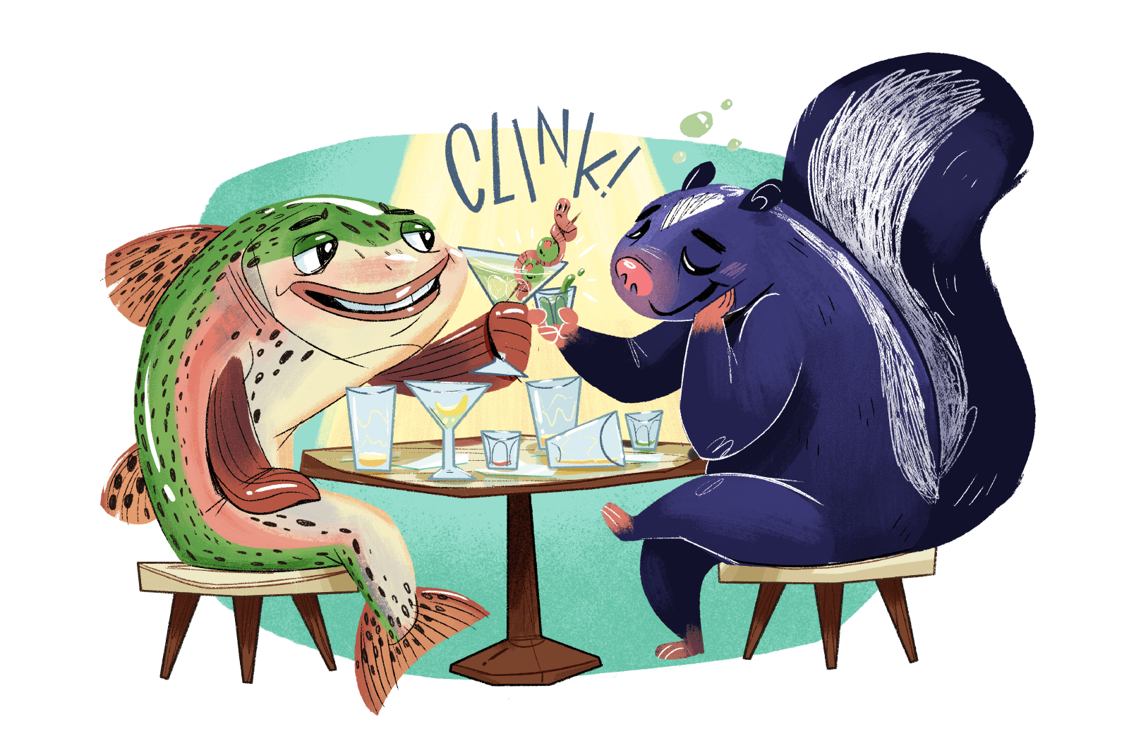 A fish and skunk at a table